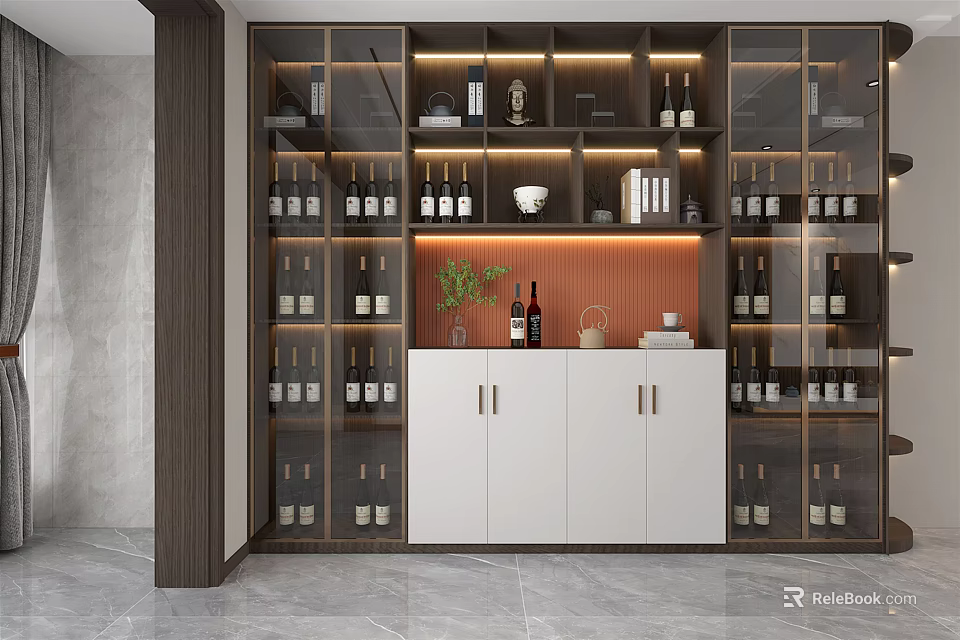 Modern Wine Cabinet With Glass Doors Wine Bottles White Cabinets And Decorative Items 3d model 