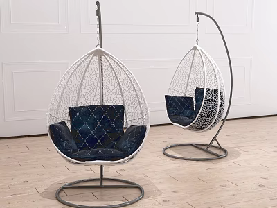 Egg Shaped Hanging Chairs With White Mesh Design And Dark Cushions For Indoor Decor 3d model