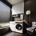 Home Balcony Laundry Space With White Cabinets Sink Washing Machine And Black Blinds