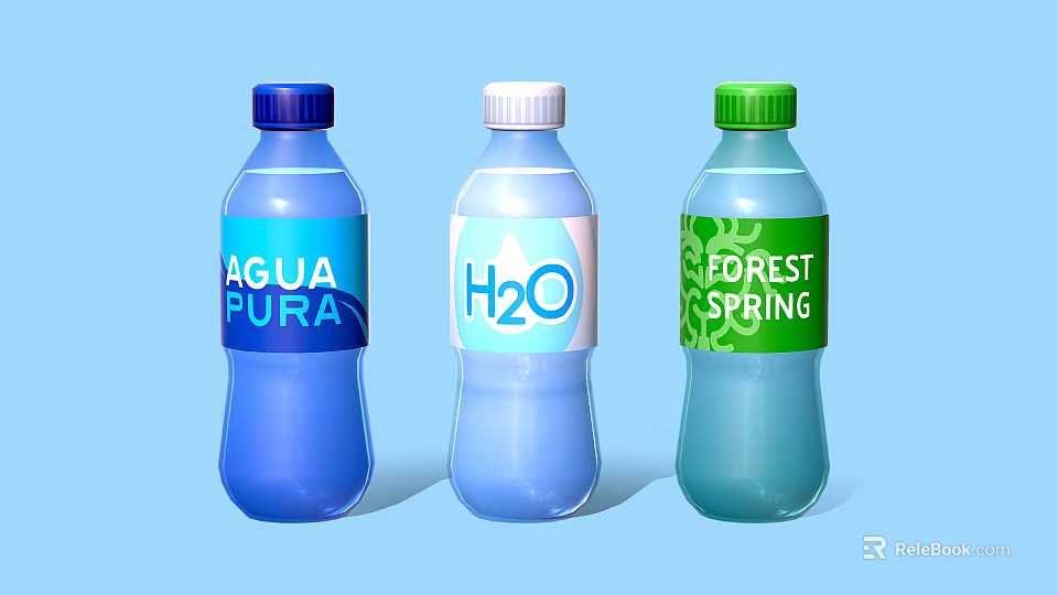 Assorted Bottled Water Products Featuring Agua Pura H2O Forest Spring Labels and Colors 3d model 