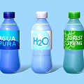 Assorted Bottled Water Products Featuring Agua Pura H2O Forest Spring Labels and Colors