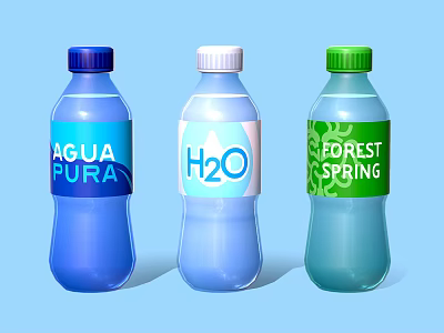 Assorted Bottled Water Products Featuring Agua Pura H2O Forest Spring Labels and Colors 3d model