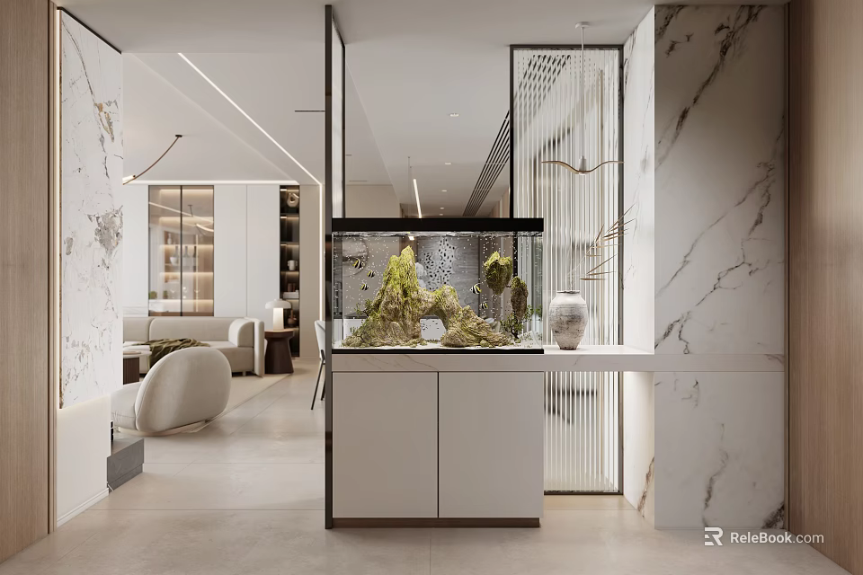 Modern Living Dining Room Interior With Open Layout Marble Partitions And White Storage Cabinets 3d model 