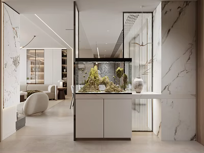 Modern Living Dining Room Interior With Open Layout Marble Partitions And White Storage Cabinets 3d model