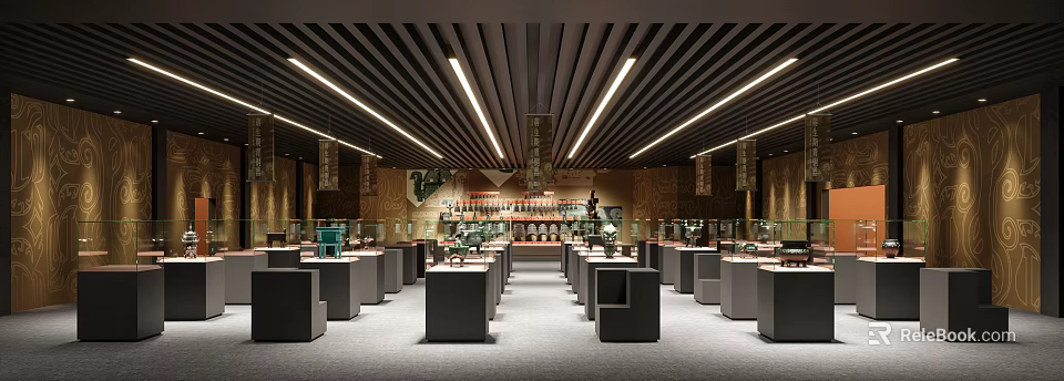 Modern Museum Exhibition Hall Interior With Display Cases Ceiling Lighting And Exhibits 3d model 
