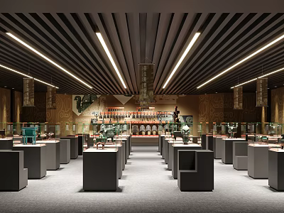 Modern Museum Exhibition Hall Interior With Display Cases Ceiling Lighting And Exhibits 3d model