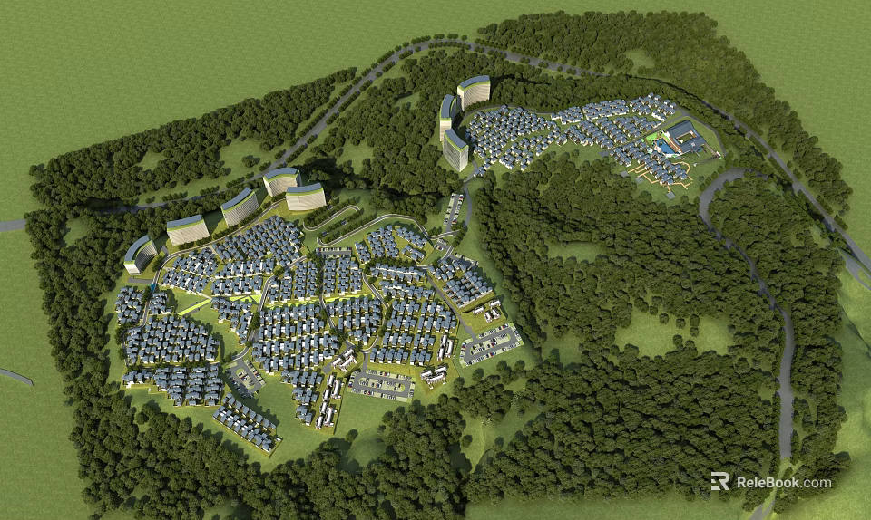Aerial Planning Layout With Residential Buildings Green Spaces And Road Networks 3d model 