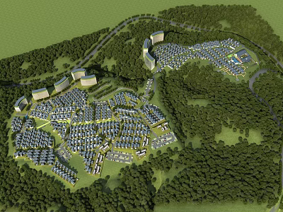 Aerial Planning Layout With Residential Buildings Green Spaces And Road Networks 3d model
