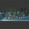 Gingerbread Men And Houses With Candy Canes In Christmas Tree Snowy Scene