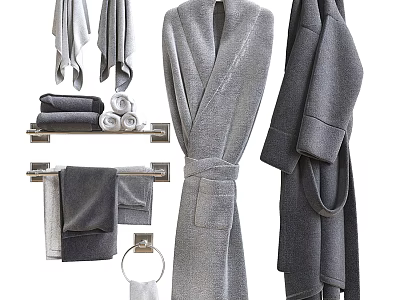 Stylish Soft Gray Bathroom Accessories Bathrobe Towels And Towel Rack For Modern Bathroom 3d model
