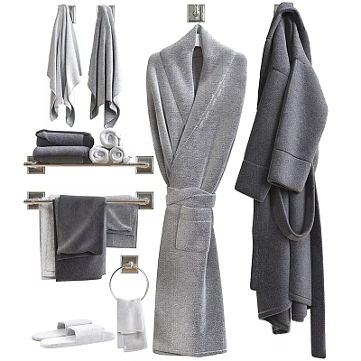 Stylish Soft Gray Bathroom Accessories Bathrobe Towels And Towel Rack For Modern Bathroom 3d model