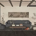 Traditional Chinese Style Living Room Interior With Decorative Painting Wooden Ceiling Beams Sofa Coffee Table And Floor Cushions