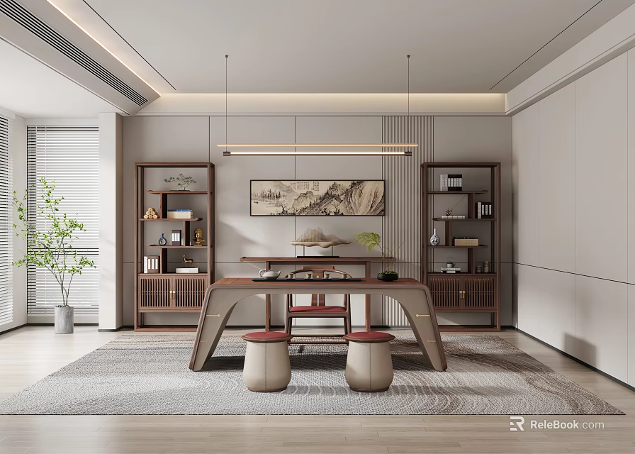Modern Chinese Tea Room Interior Design With Long Tea Table Round Stools And Decorative Bookshelves 3d model 
