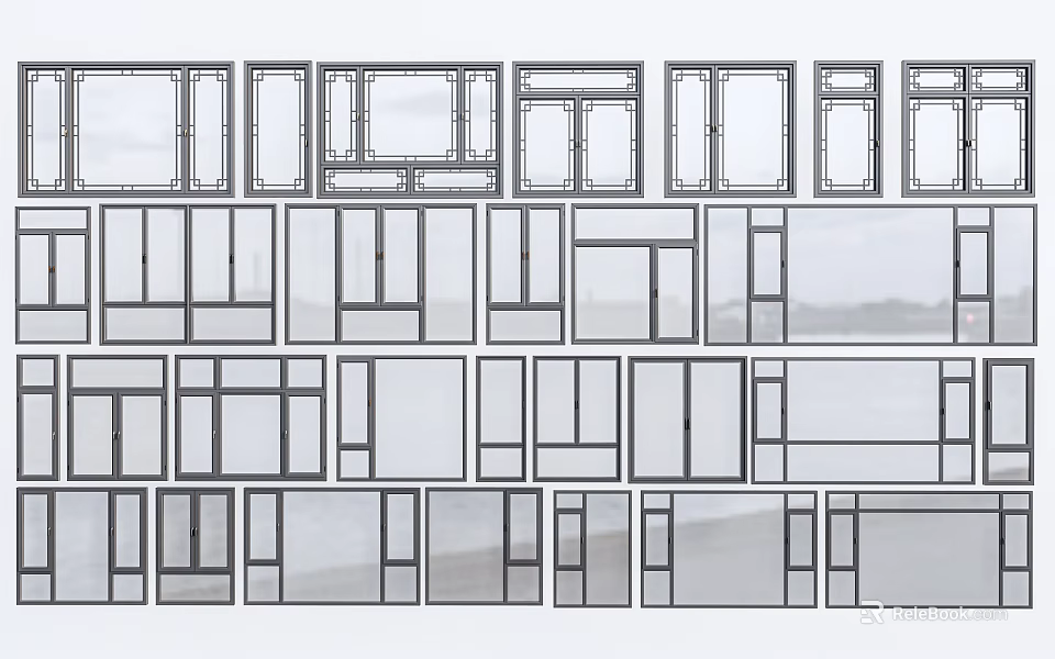 Multiple Window Frame Styles Featuring Glass Panels and Design Variations 3d model 