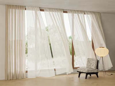Beige Curtains by Window with Trees Outside and Cozy Chair with Floor Lamp 3d model