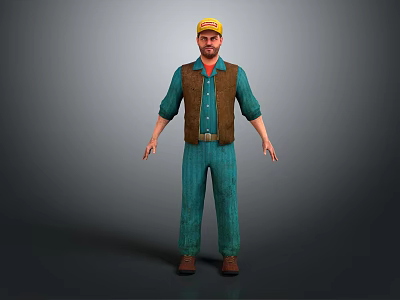 3D Character Wearing Yellow Hat Brown Vest And Blue Striped Outfit With Brown Shoes 3d model
