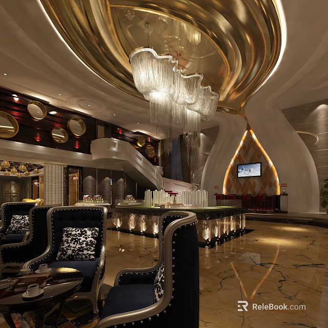 Elegant Sales Office Interior Design With Chandelier Marble Floor Reception Desk And Model 3d model 