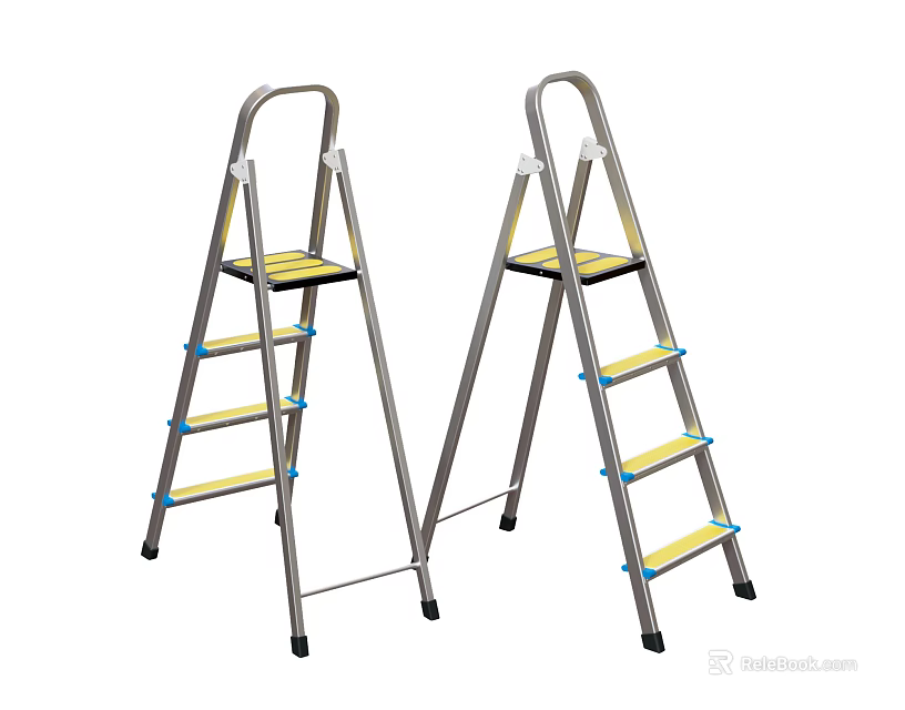 Sturdy Metal Folding Step Ladders With Yellow Steps For Home Use 3d model 