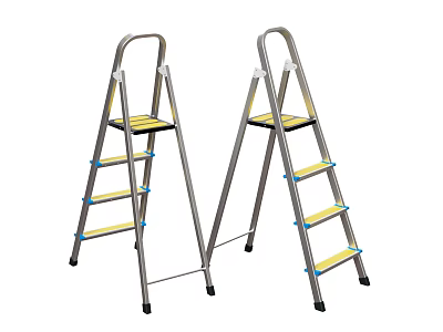 Sturdy Metal Folding Step Ladders With Yellow Steps For Home Use 3d model