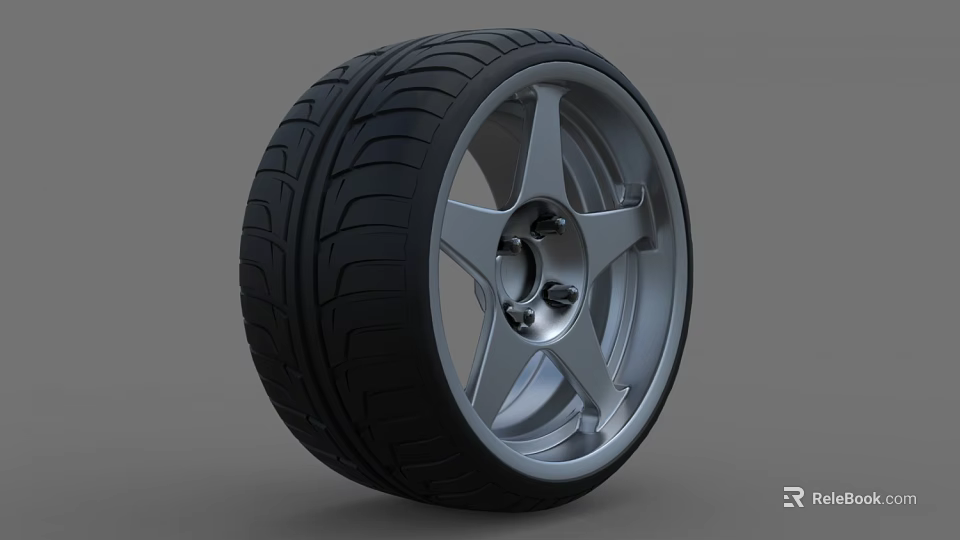 Modern Car Tire with Silver Spoke Wheel Rim Black Tread and Stylish Design 3d model 