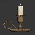 Lit White Candle Placed On Copper Candlestick With Decorative Tray Base And Smooth Surface 3d model