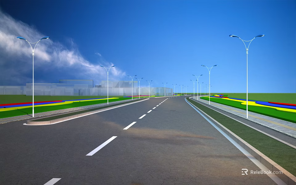 Road Infrastructure Featuring Wide Paved Road White Dividing Lines Street Lamps And Green Lawns 3d model 