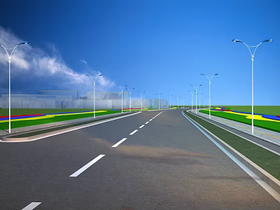 Road Infrastructure Featuring Wide Paved Road White Dividing Lines Street Lamps And Green Lawns 3d model