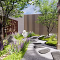 Courtyard Garden with Wooden Arch Carved Leaf Screen Green Trees Purple Flowers Stones Wooden Seating