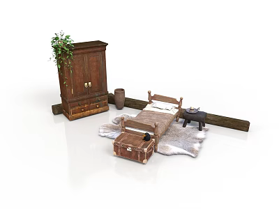 Rustic Wooden Furniture Scene With Cabinet Green Plant Bed Coffee Table Trunk And Rug 3d model