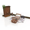 Rustic Wooden Furniture Scene With Cabinet Green Plant Bed Coffee Table Trunk And Rug