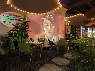 Outdoor Camping Style Restaurant Interior with String Lights Green Plants Projection Screen Wooden Tables and Stone Path 3d model
