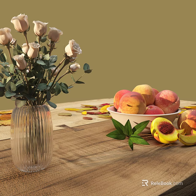 Transparent Ribbed Vase With White Roses Green Leaves Peaches In White Bowl On Wooden Table 3d model 