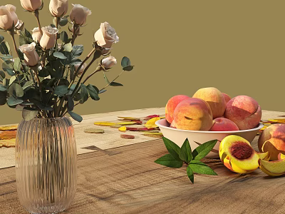 Transparent Ribbed Vase With White Roses Green Leaves Peaches In White Bowl On Wooden Table 3d model