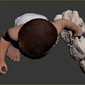 Cute Baby Standing Naked With Diaper Holding Cloth On Dark Background
