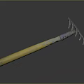 Garden Rake With Yellow Wooden Handle And Metal Tines Showing Reflection On Black Background