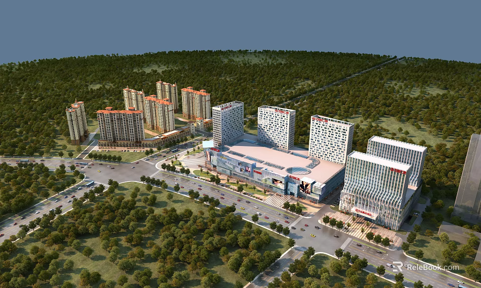 Aerial Planning of Modern Residential and Commercial Complex With Lush Greenery and Road Infrastructure 3d model 