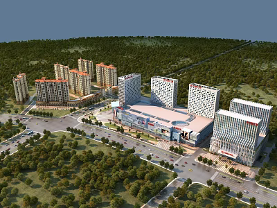 Aerial Planning of Modern Residential and Commercial Complex With Lush Greenery and Road Infrastructure 3d model