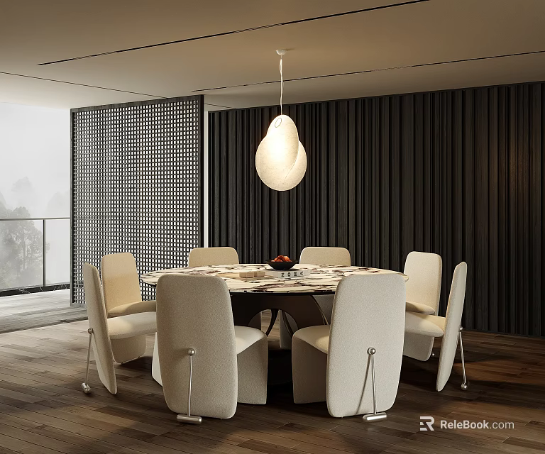 Modern Dining Room Interior Design With Round Table White Chairs Pendant Light And Grid Wall 3d model 