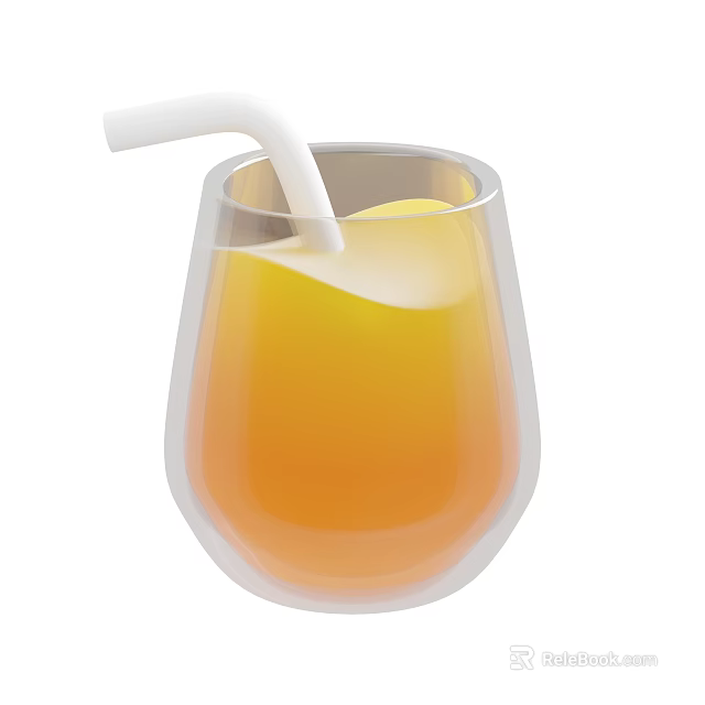 Refreshing Orange Beverage in Transparent Double Walled Glass with White Straw and Ice Cubes 3d model 