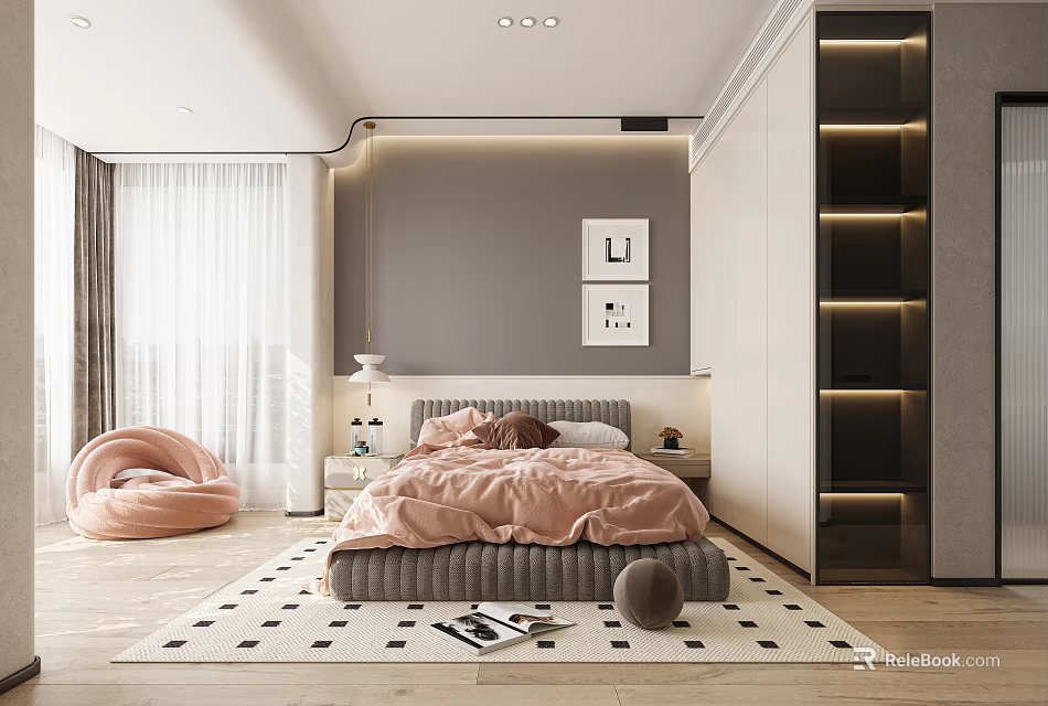 Modern Kids Room Interior With Pink Bed Round Lazy Sofa Gray Wall Bookshelf And Rug 3d model 