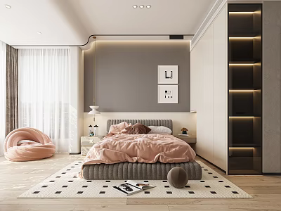 Modern Kids Room Interior With Pink Bed Round Lazy Sofa Gray Wall Bookshelf And Rug 3d model