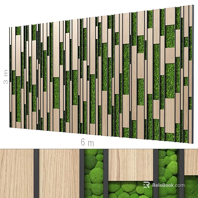 Wall Hanging Decor With Wooden Strips And Green Plants In 3m By 6m Size 3d model 