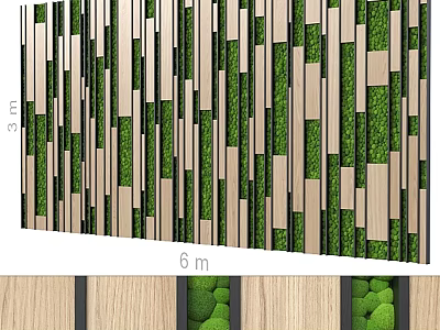 Wall Hanging Decor With Wooden Strips And Green Plants In 3m By 6m Size 3d model