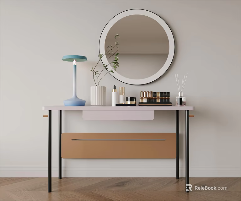 Modern Dressing Table with Round Mirror Blue Table Lamp and Skincare Products 3d model 