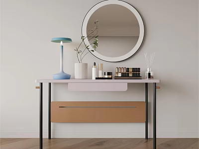 Modern Dressing Table with Round Mirror Blue Table Lamp and Skincare Products 3d model