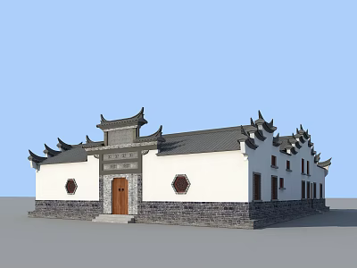 Traditional Chinese Architecture With White Walls Gray Tiled Roof Ornate Eaves And Wooden Door 3d model