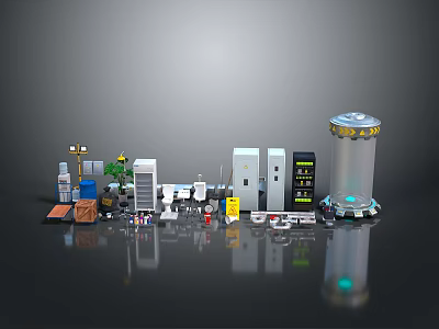 Miniature Industrial Lab Furniture Model Featuring Equipment Cabinets Machines And Plants 3d model
