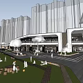 Modern Commercial Building Exterior With Open Plaza Pedestrians Greenery And Cloud Sculptures