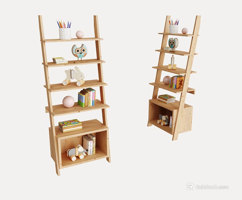 Wooden Storage Shelf with Colorful Pencils Toys Books and Small Decorations 3d model 