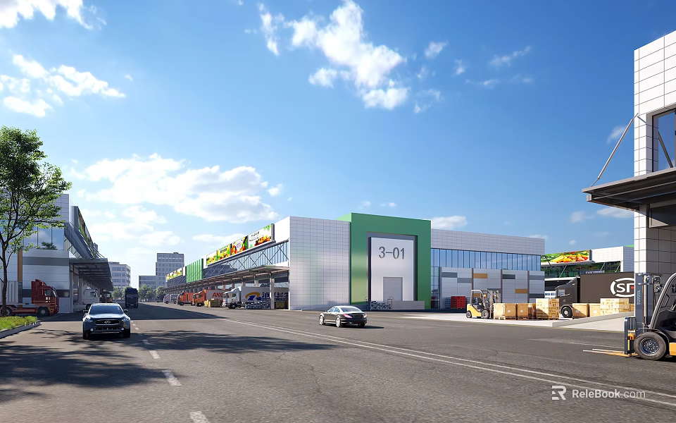 Modern Commercial Street With Shopping Buildings Cars And Blue Sky White Clouds 3d model 